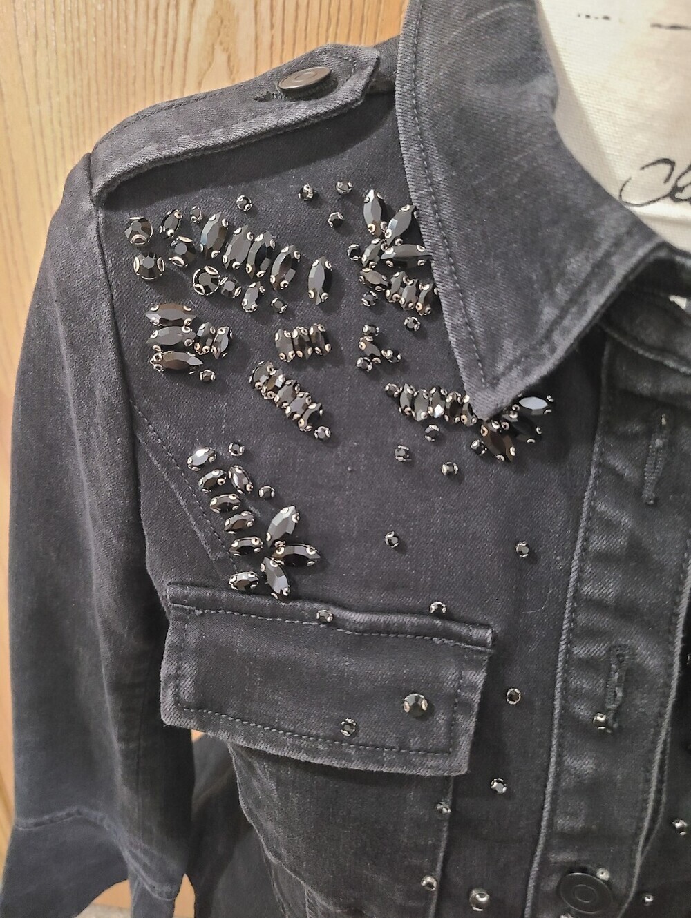 Scripted Black Denim Rhinestone Peplum Bell Sleeve Boho Jacket - Picture 2 of 4